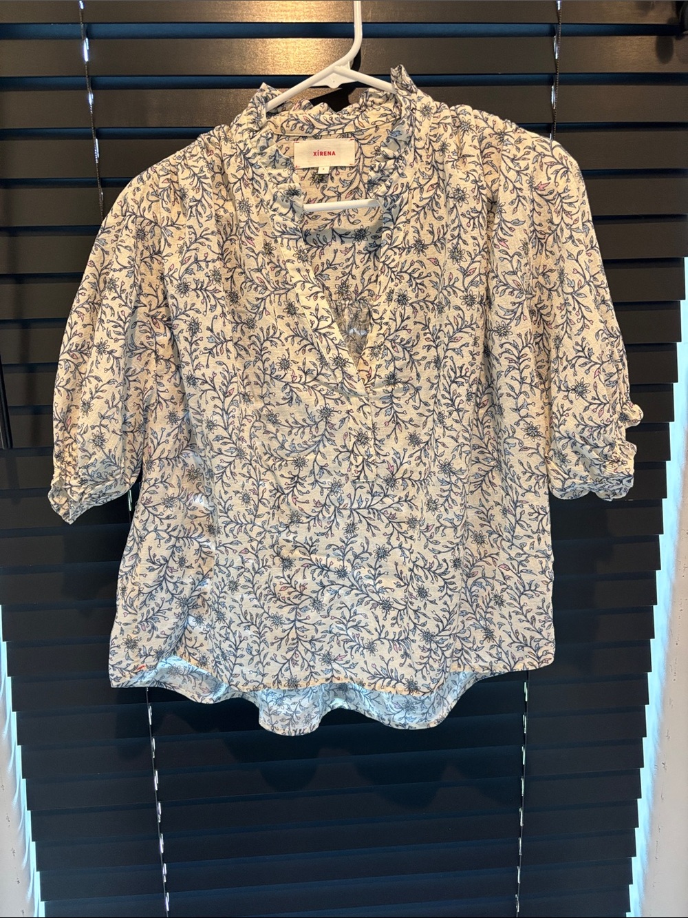 XiRENA Cream Blouse with Blue Botanical Print and Ruffle Neck